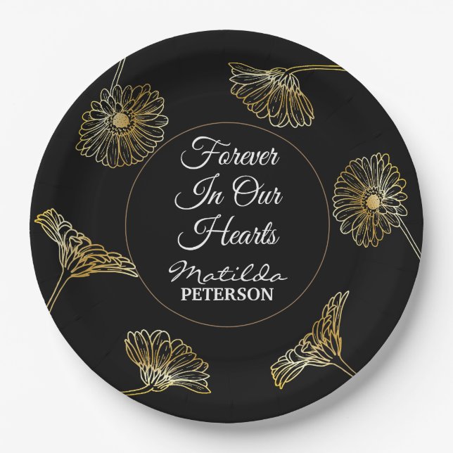 Forever in Our Hearts Gold Flowers Funeral  Paper Plate (Front)