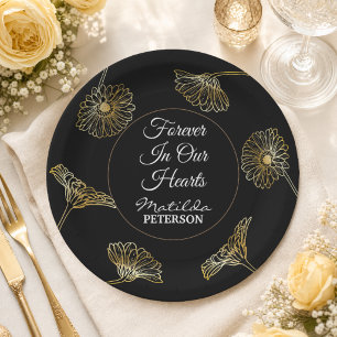 Forever in Our Hearts Gold Flowers Funeral Paper Plate