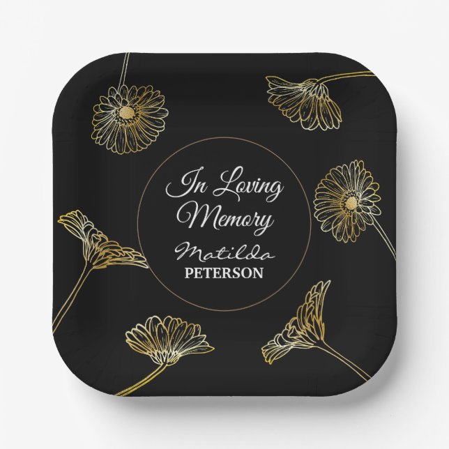 Forever in Our Hearts Gold Flowers Funeral  Paper Plate (Front)