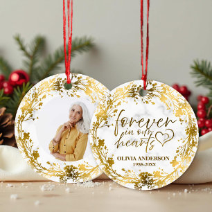 Forever In Our Hearts Gold Foil Photo Memorial Ceramic Ornament