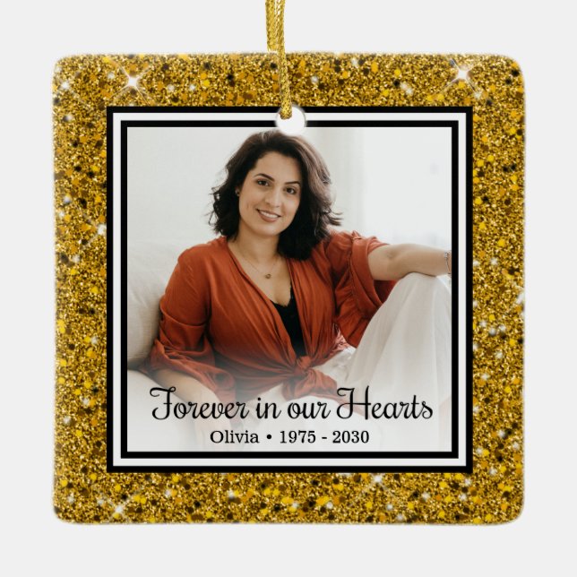 Forever In Our Hearts Gold Glitter Memorial Ceramic Ornament (Front)
