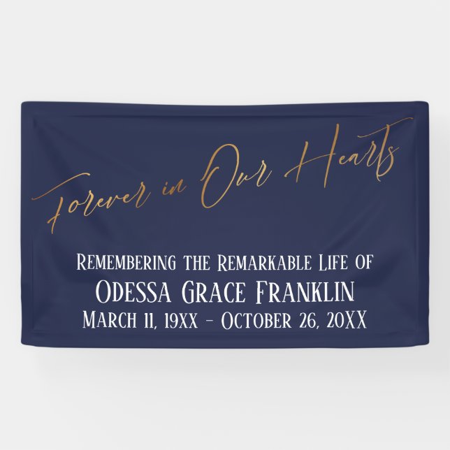 Forever in Our Hearts Gold Handwriting on Navy Banner (Horizontal)