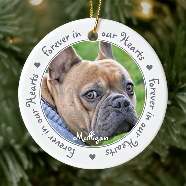 Forever in our Hearts Gray Dog Photo Pet Memorial Ceramic Ornament (Creator Uploaded)