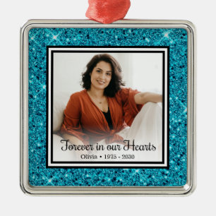 Forever In Our Hearts Memorial Aqua Glitter Metal Ornament