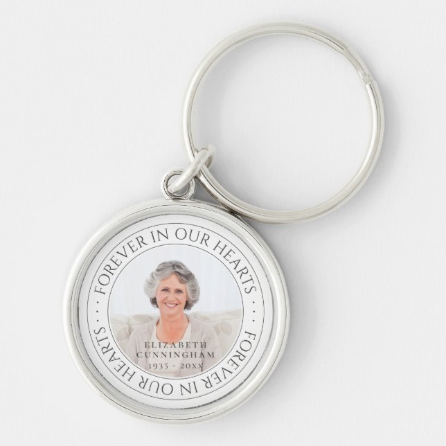 Forever In Our Hearts Memorial Elegant Photo Key Ring (Front)