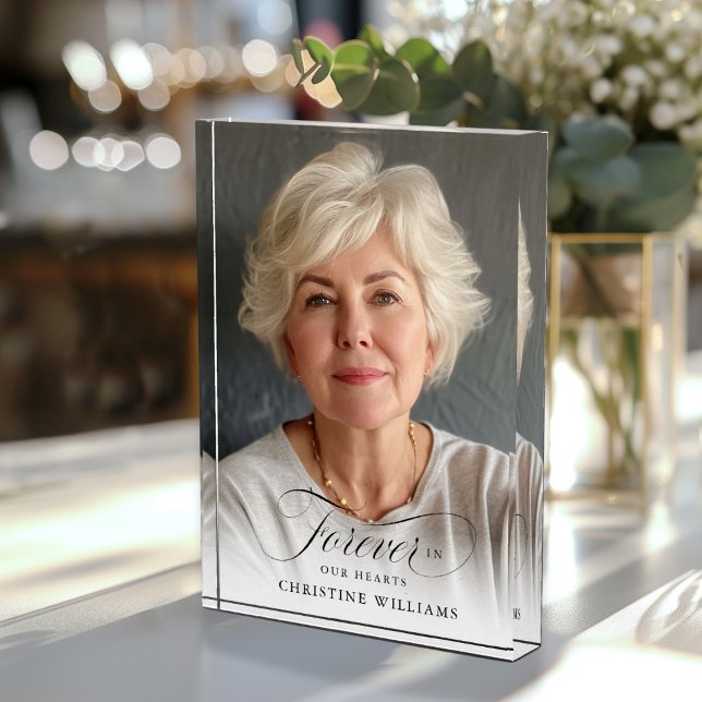 "Forever in our Hearts" Memorial, Name, Photo ("Forever in our Hearts"  In loving, memory, Photo Block. Modern, elegant, script font, photo block.)