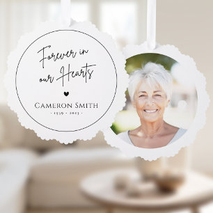 Forever in our hearts memorial photo modern script tree decoration card