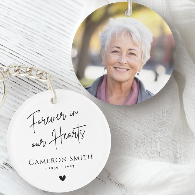 Forever in our hearts memorial photo modern white key ring (Forever in our hearts memorial photo modern white keychain)