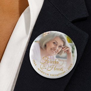 Forever In Our Hearts Memorial Photo Name Gold 6 Cm Round Badge