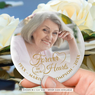Forever In Our Hearts Memorial Photo Name Gold 6 Cm Round Badge
