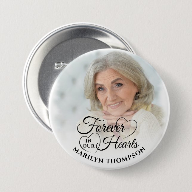 Forever In Our Hearts Memorial Photo Personalised 7.5 Cm Round Badge (Front & Back)