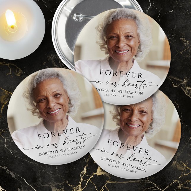 Forever in Our Hearts Memorial Photo Personalized 6 Cm Round Badge (Creator Uploaded)
