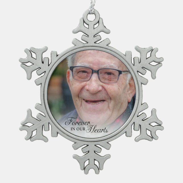 Forever In Our Hearts Memorial Photo Snowflake Pewter Christmas Ornament (Front)
