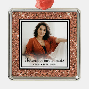 Forever In Our Hearts Memorial Rose Gold Glitter Metal Ornament