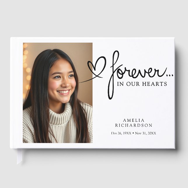 Forever In Our Hearts Modern Photo Memorial Guest Book (Front)