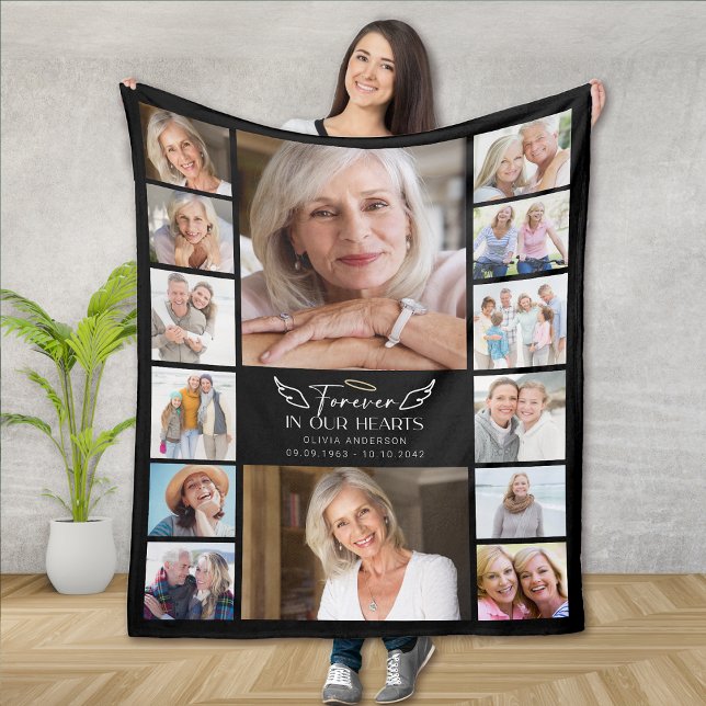 Forever in Our Hearts Multi Photo Collage Memorial Fleece Blanket (Creator Uploaded)