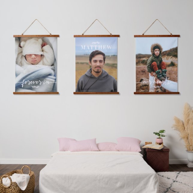 Forever In Our Hearts Name 3 Photo Memorial Hanging Tapestry (Bedroom)