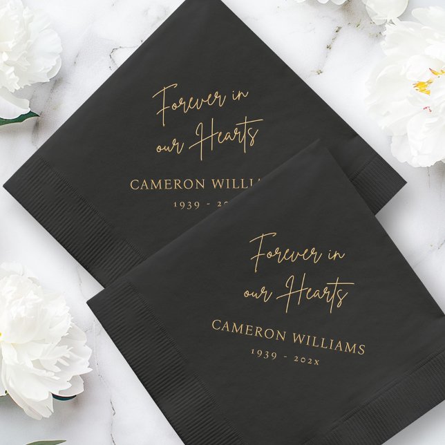 Forever in our hearts name date black funeral foil napkins (Forever in our hearts name date black funeral foil napkins)