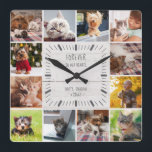 Forever in our Hearts Pet Farmhouse Photo Collage Square Wall Clock<br><div class="desc">This modern rustic pet memorial photo collage wall clock will warm every pet lover's heart. A beautiful keepsake for any cat mum, dog dad, or parent to any other fur babies, this is a sweet Instagram friendly photo grid gift, easily personalised with 12 of your favourite pictures. The pretty handwritten...</div>