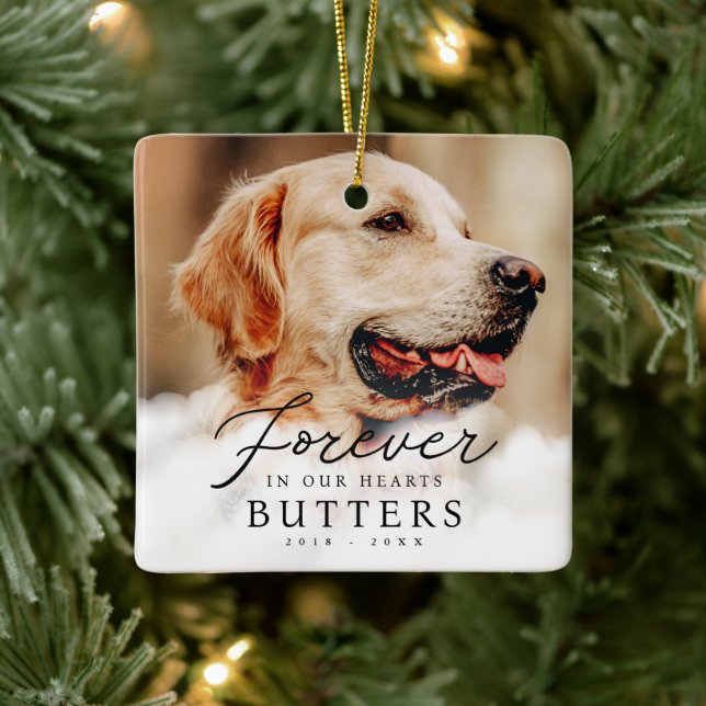 Forever in our Hearts Pet Memorial Modern Photo Ceramic Ornament (Tree)