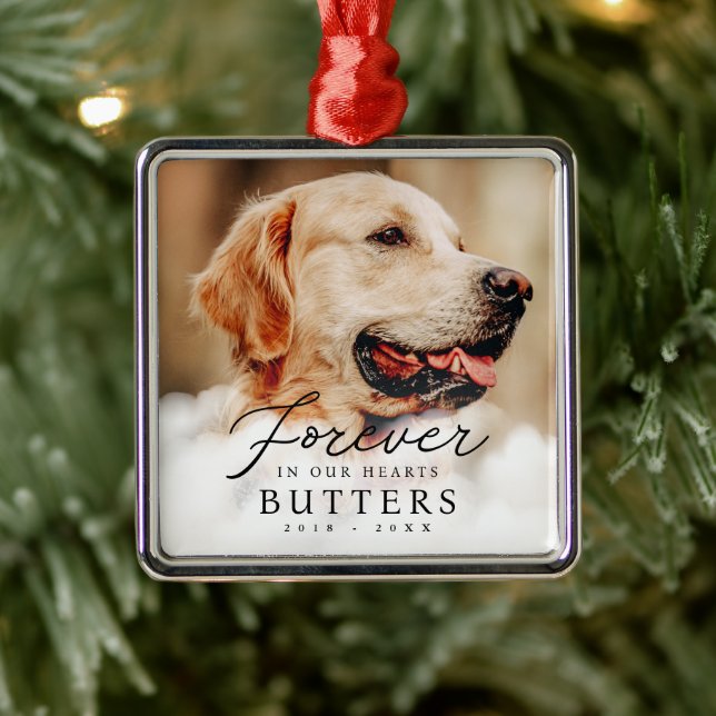 Forever in our Hearts Pet Memorial Modern Photo Metal Ornament (Tree)
