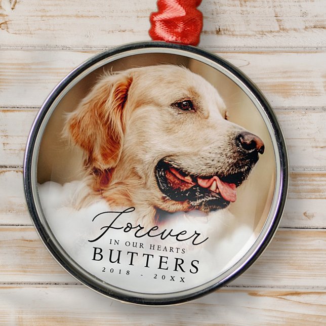 Forever in our Hearts Pet Memorial Modern Photo Metal Ornament (Creator Uploaded)