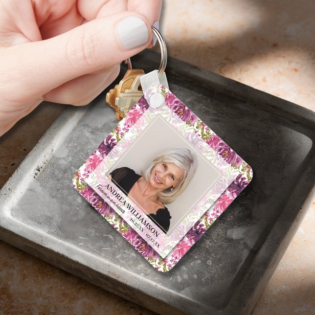 Forever in our Hearts Photo Floral Memorial Key Ring (Forever in our Hearts photo on floral background double-sided keepsake keychain)