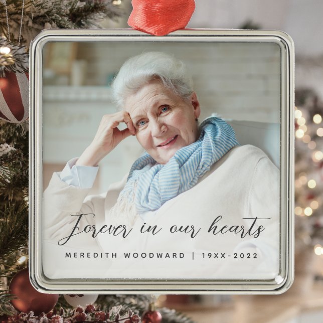 Forever in Our Hearts Photo Memorial Gray Metal Ornament (Creator Uploaded)