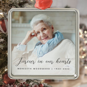 Forever in Our Hearts Photo Memorial Grey Metal Ornament