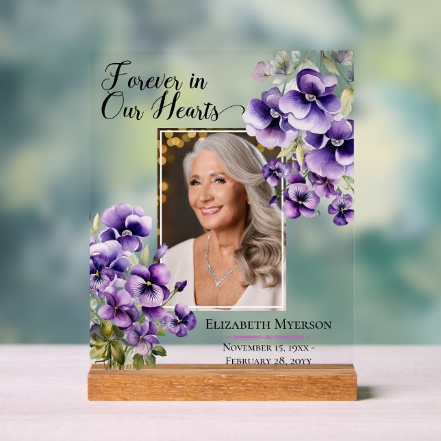 Forever In Our Hearts Photo Violets Memorial  Acrylic Sign (Neutral)