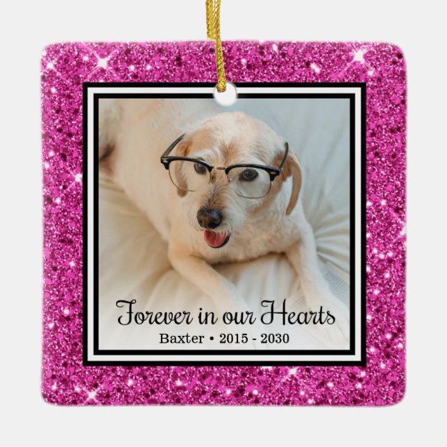 Forever In Our Hearts Pink Glitter Dog Memorial Ceramic Ornament (Front)