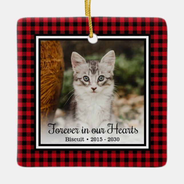 Forever In Our Hearts Red Buffalo Plaid Cat  Ceramic Ornament (Front)