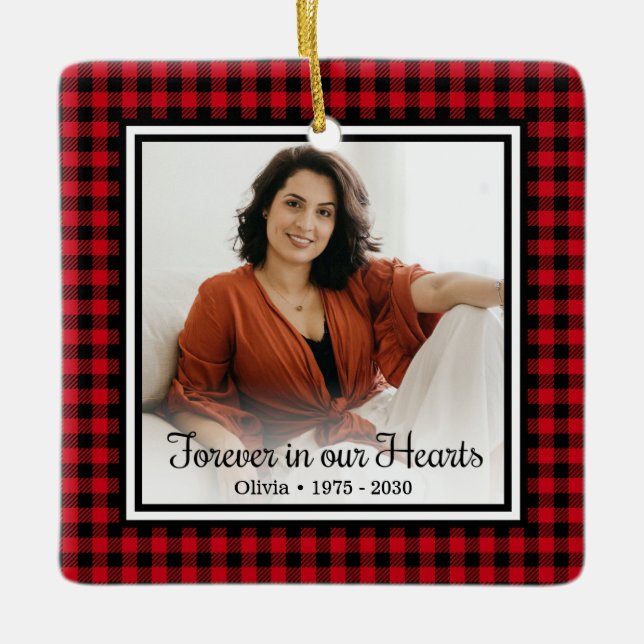 Forever In Our Hearts Red Buffalo Plaid Ceramic Ornament (Front)