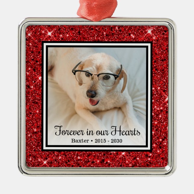 Forever In Our Hearts Red Glitter Dog Memorial Metal Ornament (Front)