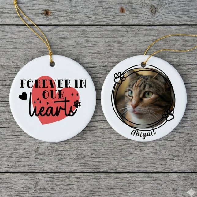 Forever In Our Hearts Red Graphic Ceramic Ornament (Forever in our hearts pet memorial ornament — thoughtful Christmas gift idea for the cat dad)