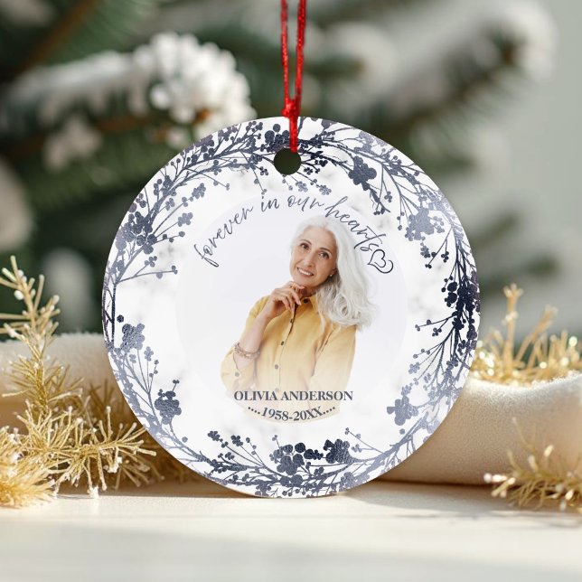 Forever In Our Hearts Silver Foil Photo Memorial Ceramic Ornament (Creator Uploaded)