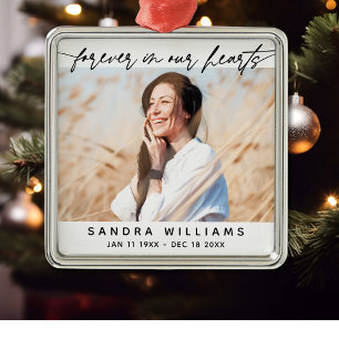 Forever In Our Hearts Simple Script Tribute Photo Metal Ornament