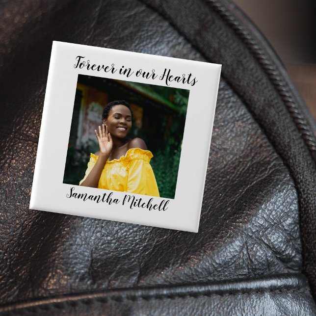 Forever In Our Hearts Stylish White Photo Funeral 15 Cm Square Badge (Creator Uploaded)