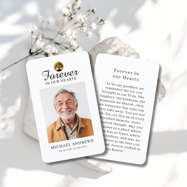 "Forever in our Hearts" Tree of Life Photo Prayer  Business Card ("Forever in our Hearts" Tree of -Life Photo Prayer White Custom Card)