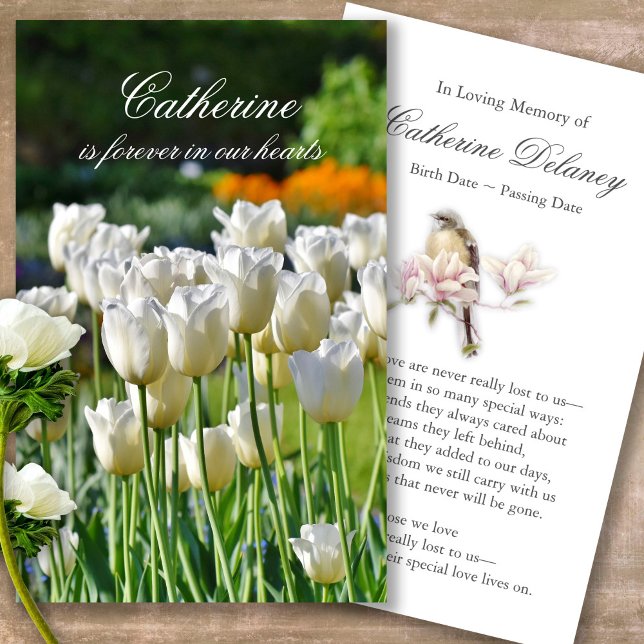 Forever In Our Hearts Tulips Prayer Sympathy Cards (Forever in our hearts, celebration of life, in loving memory of, prayer cards for bereavement)