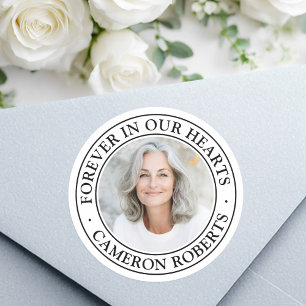 Forever in our hearts white border photo memorial classic round sticker