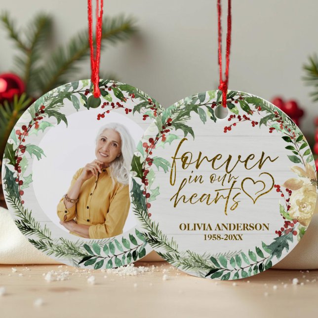 Forever in our Hearts | Wreaths Photo Memorial  Ceramic Ornament (Creator Uploaded)