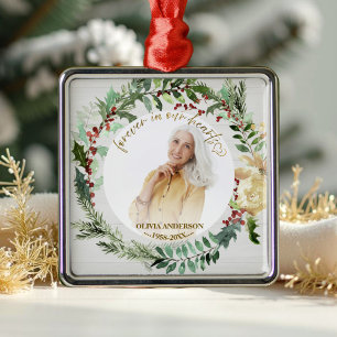 Forever in our Hearts Wreaths Photo Memorial Metal Ornament