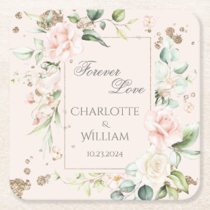 Forever Love Blush Watercolor Floral Date Wedding Square Paper Coaster