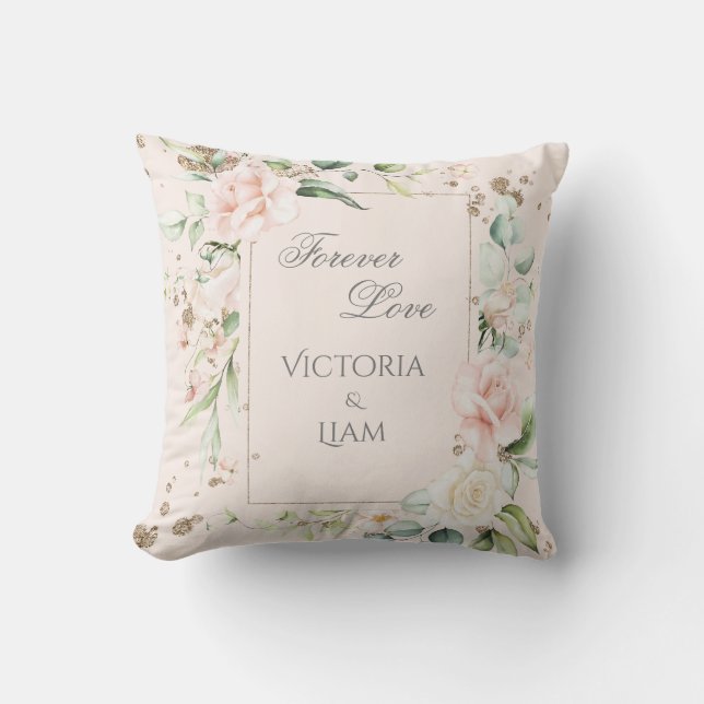 Forever Love Blush  Watercolor Floral Wedding Cushion (Front)