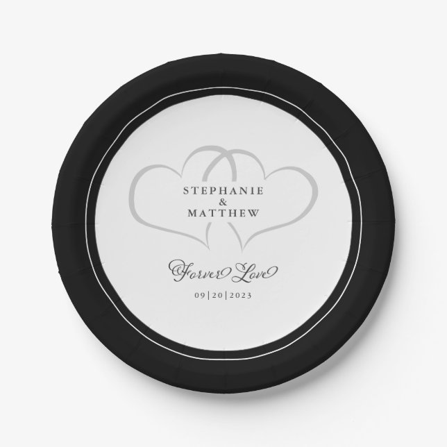 Forever Love Elegant Wedding Hearts Black & White Paper Plate (Front)
