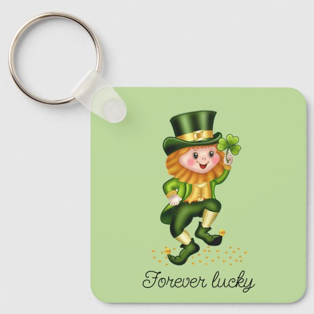 Forever Lucky Gnome & Monogram on Light Green Key Ring (Front)