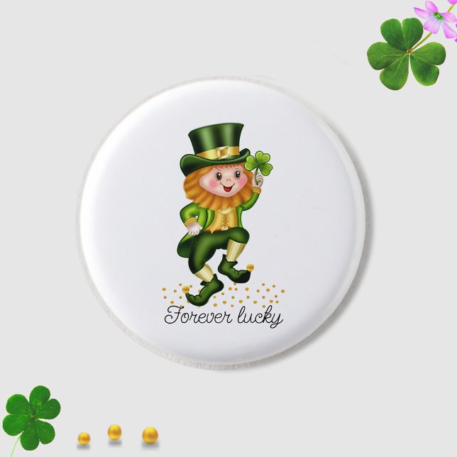 Forever Lucky Green Gnome & Clover on White 3 Cm Round Badge (Creator Uploaded)