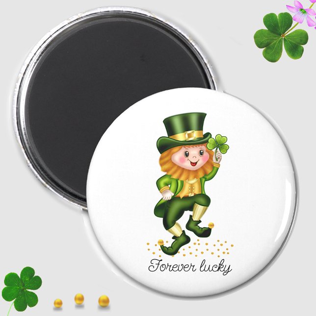 Forever Lucky Green Gnome & Clover on White Magnet (Creator Uploaded)