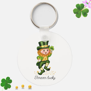 Forever Lucky Green Gnome & Monogram on White Key Ring